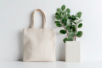 Beige Tote Bag Mockup Green Plants Minimal
