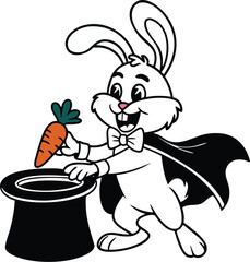 Magician Rabbit Pulling Carrot from Hat - Easter Vector Illustration
