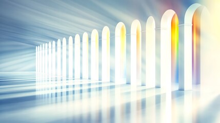 Obraz premium Light rays illuminate arched hallway, ethereal background, spiritual concept