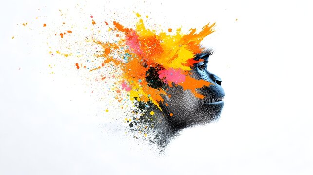 Colorful paint splash exploding from monkey profile, white background, design element