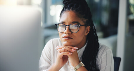 Reading, thinking and computer with business black woman for legal research, case news and idea....