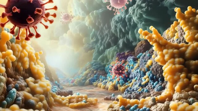 3D medical illustration of antibodies (immunoglobulins) including IgM, IgG, IgE, IgD, and IgA, depicted as glycoproteins interacting with virus-specific antigens	
