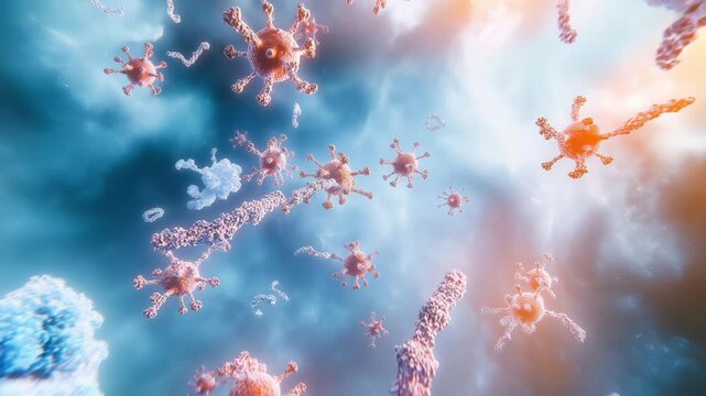 3D medical illustration of antibodies (immunoglobulins) including IgM, IgG, IgE, IgD, and IgA, depicted as glycoproteins interacting with virus-specific antigens	