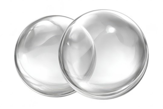 Two translucent spheres, close together, reflecting light