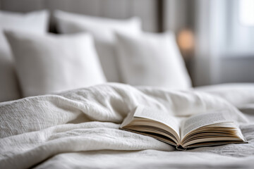 luxurious white bedding with visible linen weave texture, single book and soft light, 
