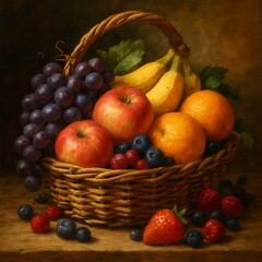 Assorted fruits including grapes, apples, bananas, oranges, and berries in a wicker basket — joyful and abundant