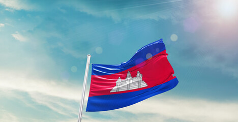 Cambodia national flag waving with beautiful sky. 