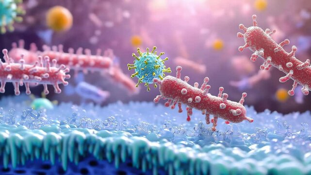 3D medical illustration of antibodies (immunoglobulins) including IgM, IgG, IgE, IgD, and IgA, depicted as glycoproteins interacting with virus-specific antigens	