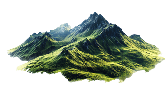 Vast mountain landscape with green-covered peaks, offering stunning natural scenery on transparent background. PNG - Powered by Adobe