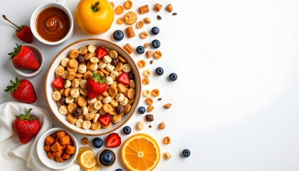 a vibrant assortment of fresh fruits, nuts, and berries arranged in an enticing way, with various bo