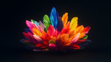 Vibrant rainbow feathers burst, dark background, design element