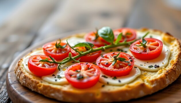 a pizza topped with fresh vegetables and cheese, placed on a wooden cutting board, which is resting