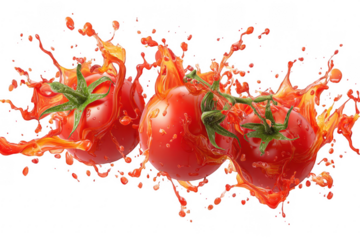 Fresh tomatoes exploding in vibrant juice splashes