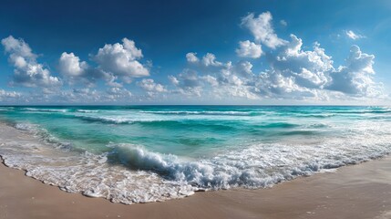 Tropical beach panorama with expansive ocean horizon and clear blue sky