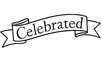 Illustration of a banner with the word celebrated written across it in a simple black outline style