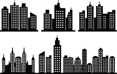 Vector Illustration of Black City Skyline Silhouettes,black and white skyline silhouette of modern city skyscrapers, realistic urban cityscape, Night town skylineicons, Set of black city silhouette,Ai