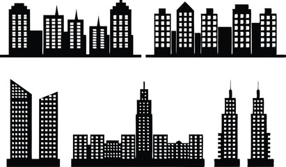 Vector Illustration of Black City Skyline Silhouettes,black and white skyline silhouette of modern city skyscrapers, realistic urban cityscape, Night town skylineicons, Set of black city silhouette,Ai