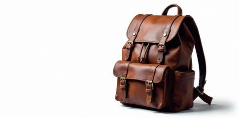Cutout of aged leather rucksack, weathered details, exploration, craft