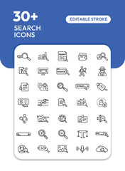 Thirty-plus editable search icons;  a collection of line art graphics depicting various search-related concepts.