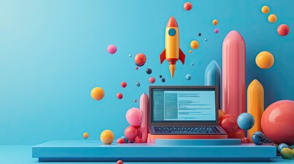 Laptop and rocket flying from the screen, blue background with space for text, symbolizing startup concepts, digital innovation, and the excitement of new ventures, powered by generative AI.