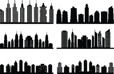 Vector Illustration of Black City Skyline Silhouettes,black and white skyline silhouette of modern city skyscrapers, realistic urban cityscape, Night town skylineicons, Set of black city silhouette,Ai