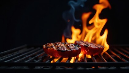 Compact flaming BBQ, empty grill grate, black backdrop , summer, empty grill, hot