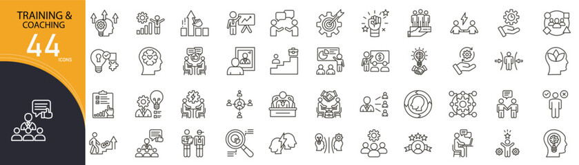 Training and coaching related icon collections. Containing skills, mentor, session, goal, learning, guidance, instructor, development, support, progress icons. Outline icons.