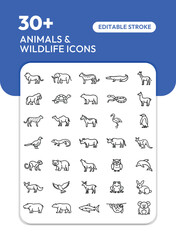 Collection of thirty-plus editable line icons depicting diverse animals and wildlife.