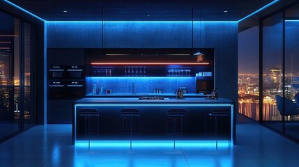 Kitchen island in a modern luxurious kitchen interior, created with generative AI technology, showcasing cutting-edge design and the future of home automation and kitchen innovations.
