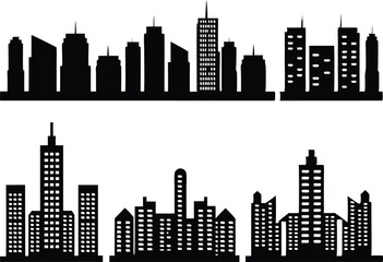 Vector Illustration of Black City Skyline Silhouettes,black and white skyline silhouette of modern city skyscrapers, realistic urban cityscape, Night town skylineicons, Set of black city silhouette,Ai