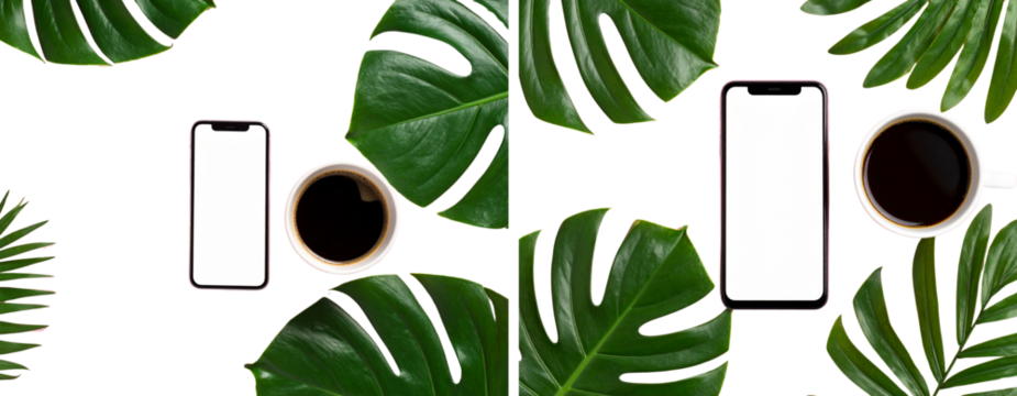  Minimalist Flat Lay of Smartphone, Coffee Cup, and Tropical Leaves on Pink Background, isolated on transparent background PNG - Powered by Adobe