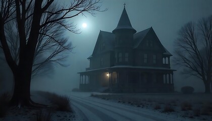 Mysterious Victorian Mansion shrouded in fog under a winter moonlit night, evoking a gothic atmosphere.