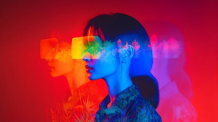 Woman in VR headset, neon studio, multiple exposures, futuristic tech