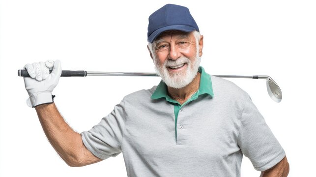 Cheerful senior man holding golf club, wearing cap and gloves, ready for game, expressing joy and enthusiasm for golf sport and leisure activity.