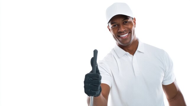 Cheerful young man in white outfit giving a thumbs up while holding a cleaning tool, showcasing positivity and professionalism in maintenance work