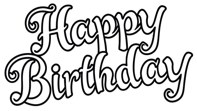 Outlined happy birthday text with decorative swirls and loops in a bold and cursive style font design