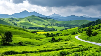 Obraz premium Scenic rolling hills road, mountain backdrop, pastoral landscape, travel