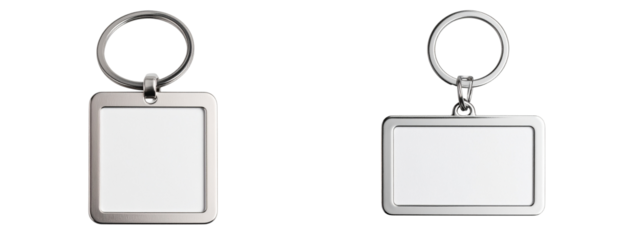 Polished Metal Keychain with Blank Rectangular Tag, flat lay view, isolated on transparent background PNG