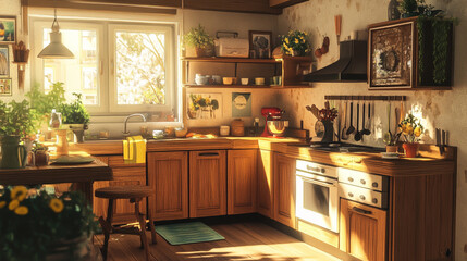 A sunlit kitchen with wooden cabinets and a window filled with natural light and various decorations