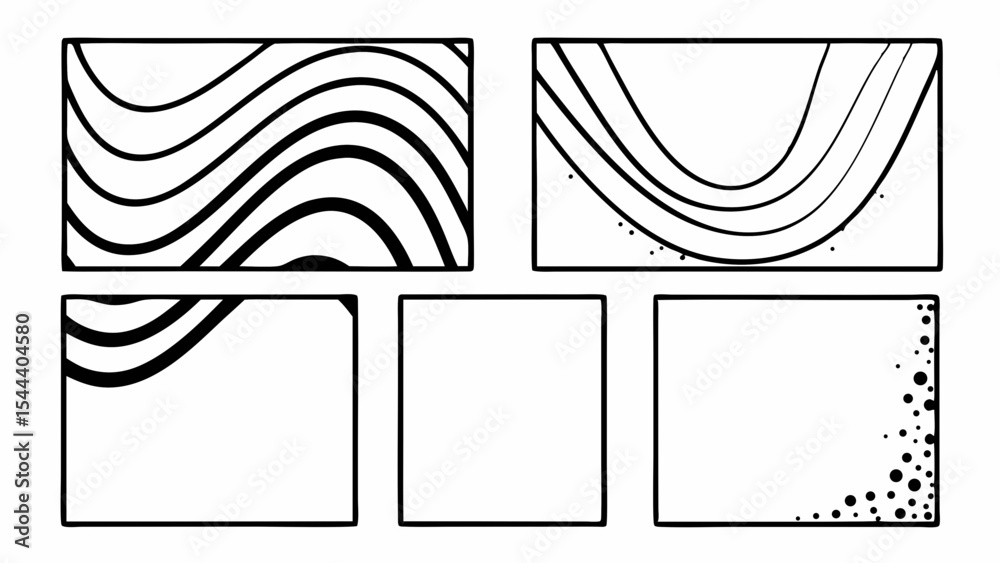 Poster collection of abstract black and white designs with curved lines and dotted patterns in rectangular 