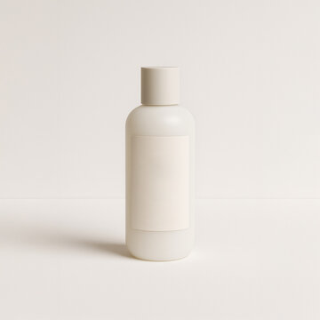A 250ml white skincare or cosmetic bottle with a blank label stands upright on a seamless white background. Captured in soft, even lighting, the image conveys purity, minimalism, and premium packaging