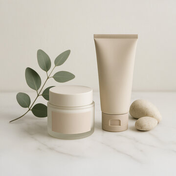 Minimalist skincare products displayed on a marble vanity with eucalyptus sprig and natural stones