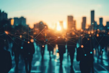A group of people walking down a city street at sunset. Exploring diverse silhouettes within a thriving digital network economy landscape.