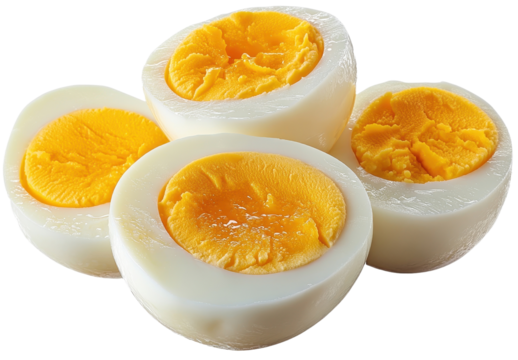 Boiled eggs halved isolated on transparent background.  generative ai.