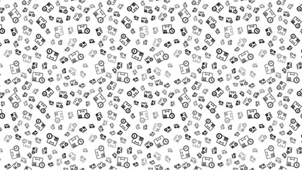 Seamless pattern featuring delivery box and clock icons spread across a white background surface