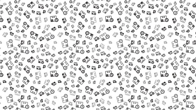 Seamless pattern featuring delivery box and clock icons spread across a white background surface