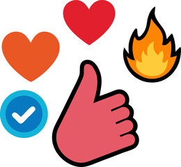 Reaction sticker sheet: thumbs up, heart, clap, fire icons in sticker style with white background.