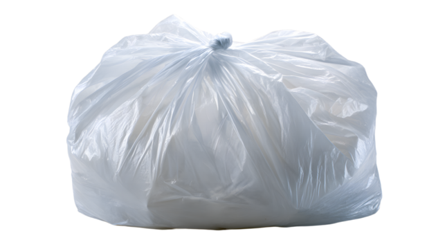 Trash Bag: A transparent plastic trash bag, fully loaded and ready for removal, symbolizing waste, disposal, and environmental responsibility.