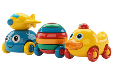 Colorful Plastic Toy Vehicles Including Airplane Ball and Duck on Transparent Background