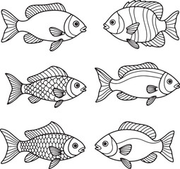 Fototapeta premium Collection of Six Line Art Fish Illustrations Perfect for Coloring Pages, Prints, and More